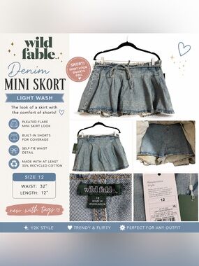 Wild Fable Denim Mini Skort Light Wash Pleated Y2K Low Rise Size 12 NWT